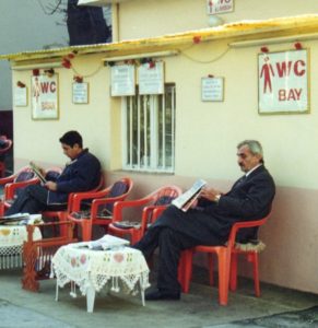 Waiting area outside the toilets in Gulhane Park, Istanbul, 2000.