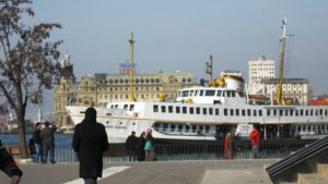 Ferries at Kadikoy, wit Haydarpasha Railway Station in the background.