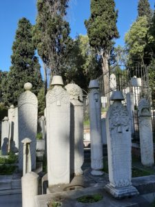 Lovely cypress trees and Ottoman gravestones in the grounds of Yahya Efendi's tomb.