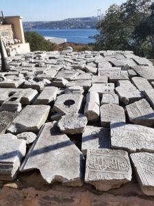 Broken gravestones on a terrace overlooking the Bosphorus