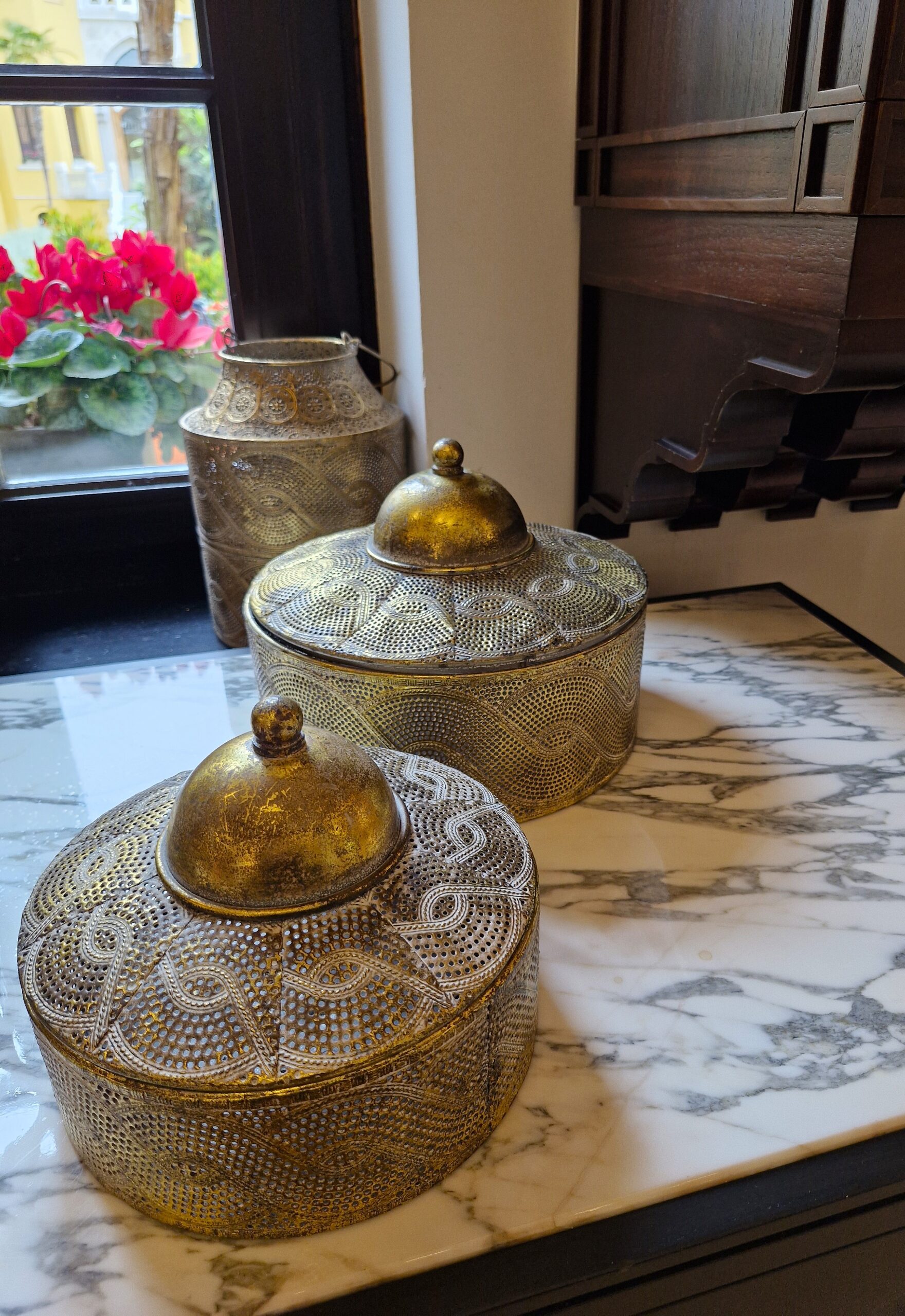 Punched brass decorative pots